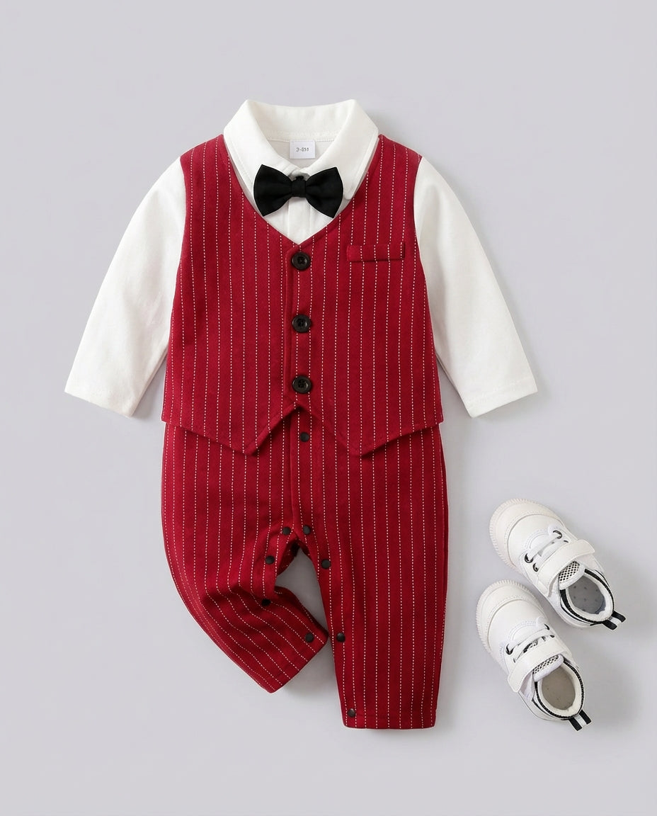 Baby Clothing Boys Red Pinstripe Tuxedo Romper Set | Formal Outfit