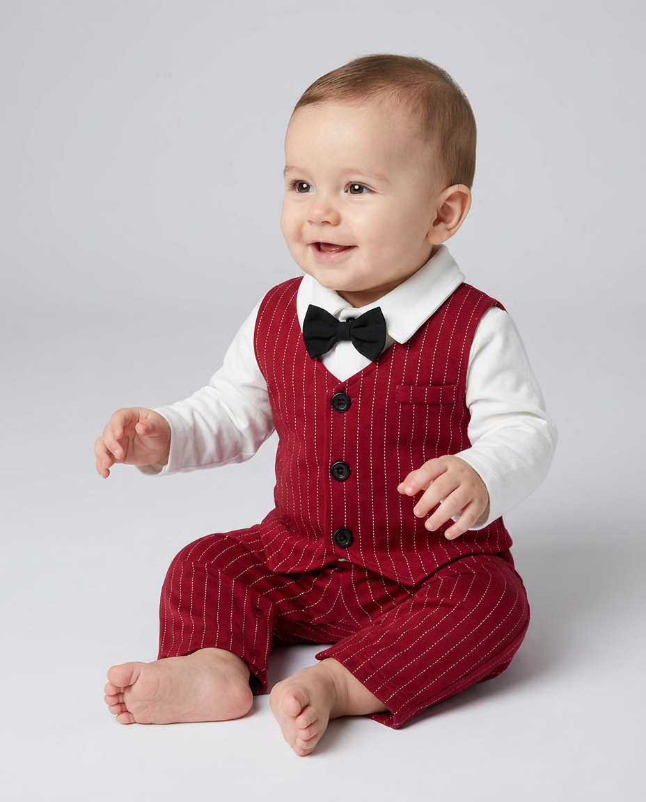 Baby Clothing Boys Red Pinstripe Tuxedo Romper Set | Formal Outfit