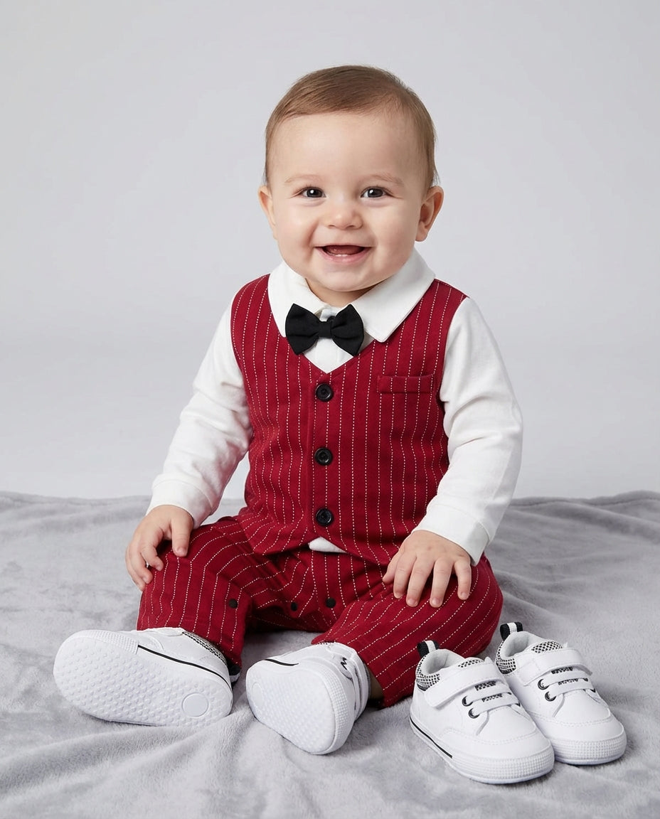 Baby Clothing Boys Red Pinstripe Tuxedo Romper Set | Formal Outfit