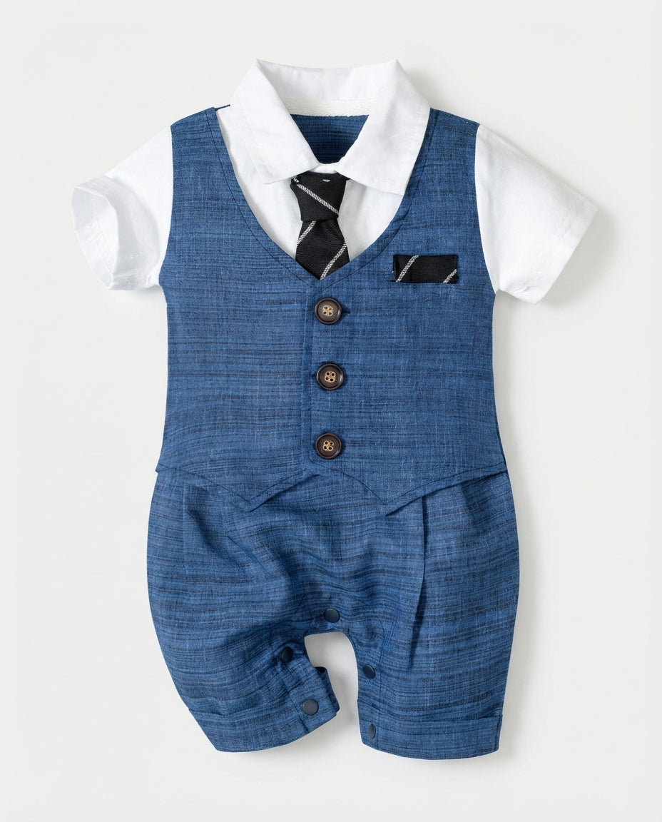 Baby Clothing Boys Blue Vest Romper Set with Tie | Formal Suit