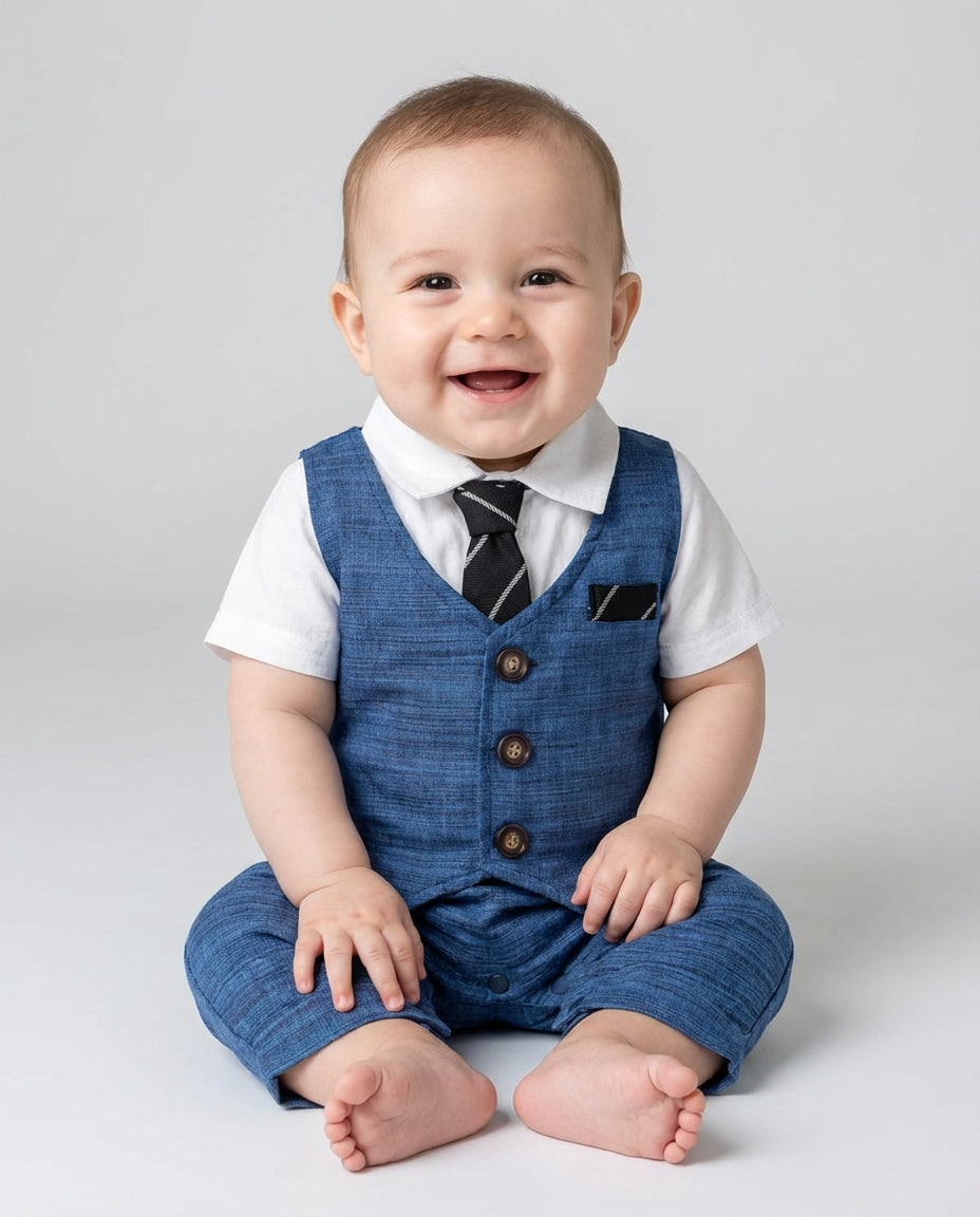 Baby Clothing Boys Blue Vest Romper Set with Tie | Formal Suit