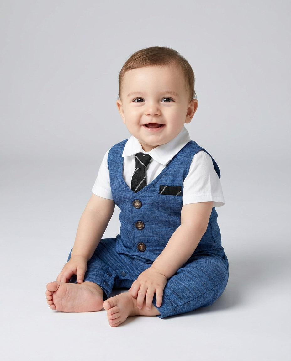 Baby Clothing Boys Blue Vest Romper Set with Tie | Formal Suit