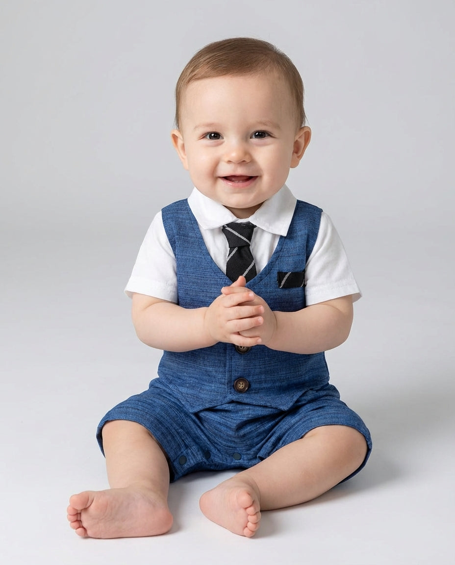 Baby Clothing Boys Blue Vest Romper Set with Tie | Formal Suit