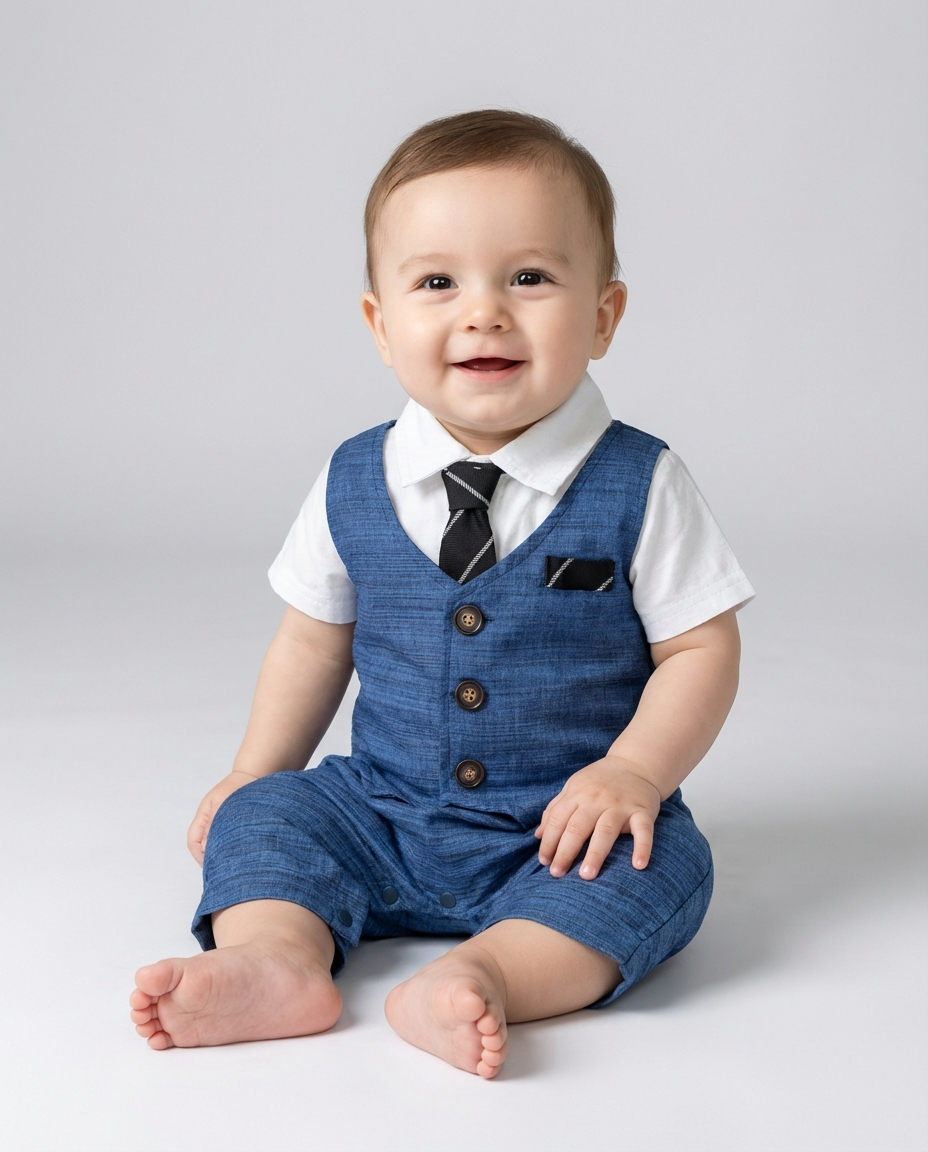 Baby Clothing Boys Blue Vest Romper Set with Tie | Formal Suit