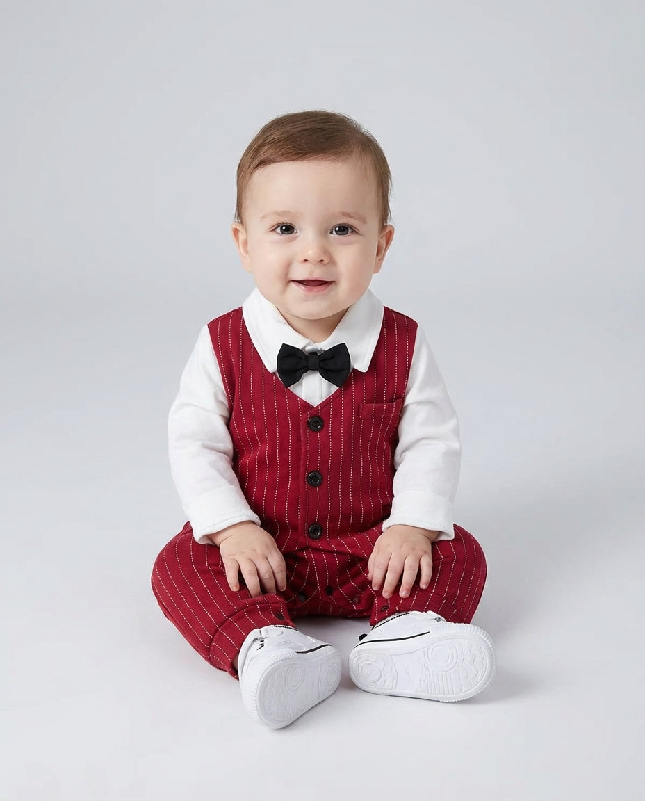 Baby Clothing Boys Red Pinstripe Tuxedo Romper Set | Formal Outfit