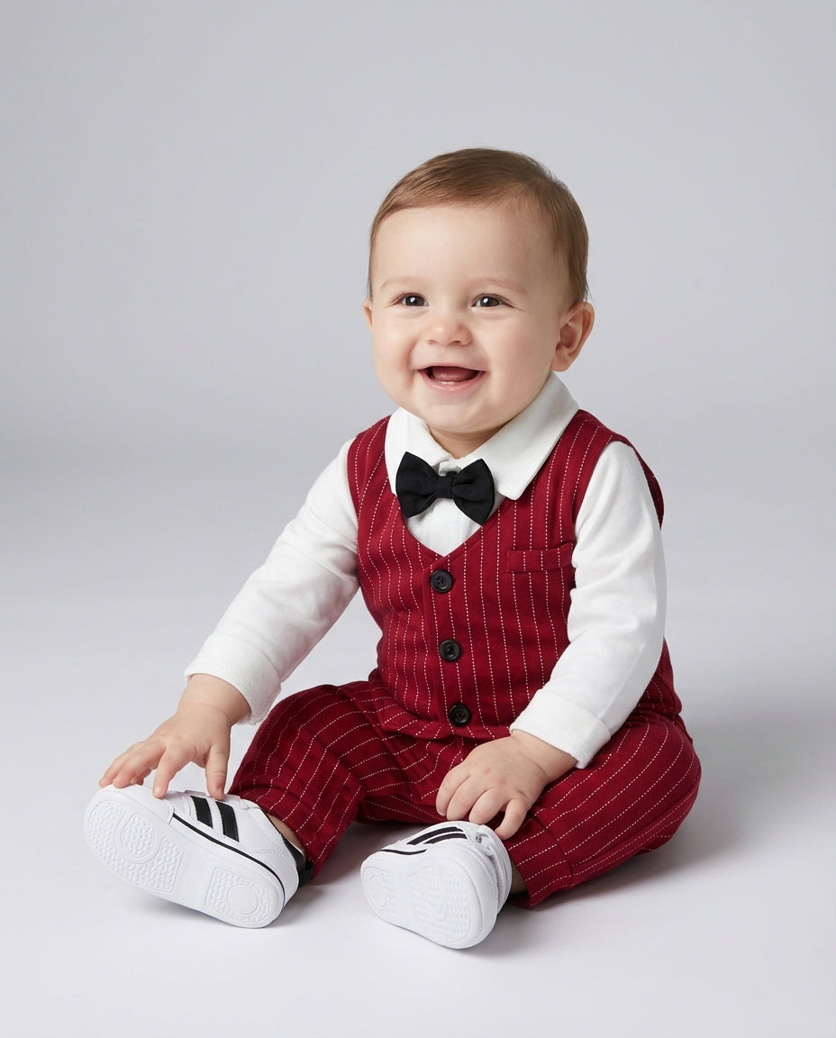 Baby Clothing Boys Red Pinstripe Tuxedo Romper Set | Formal Outfit