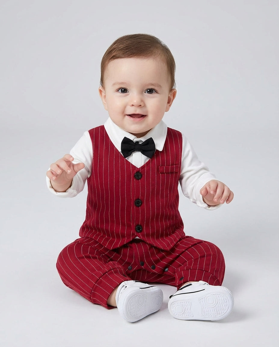 Baby Clothing Boys Red Pinstripe Tuxedo Romper Set | Formal Outfit