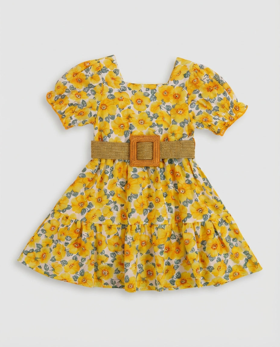 Baby Clothing Dress Girls Yellow Floral Puff Sleeve | Belted Outfit
