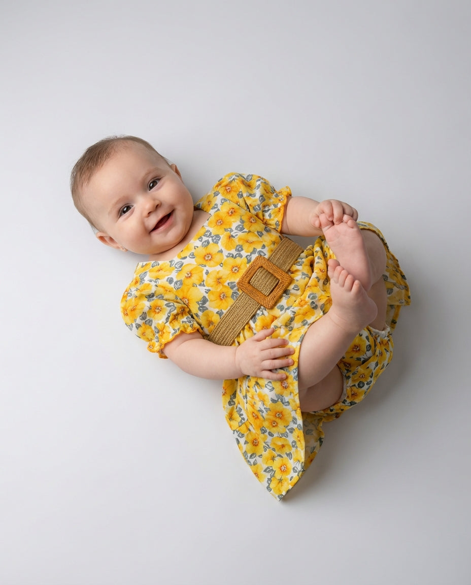 Baby Clothing Dress Girls Yellow Floral Puff Sleeve | Belted Outfit