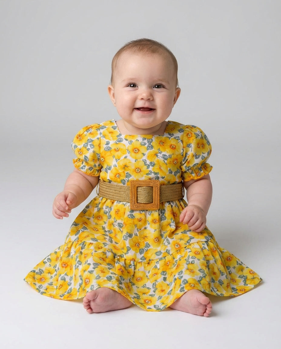 Baby Clothing Dress Girls Yellow Floral Puff Sleeve | Belted Outfit