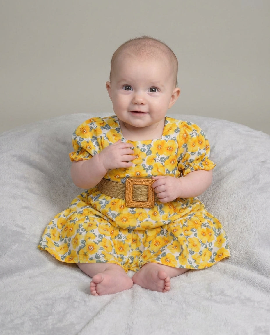 Baby Clothing Dress Girls Yellow Floral Puff Sleeve | Belted Outfit