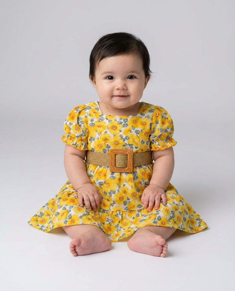 Baby Clothing Dress Girls Yellow Floral Puff Sleeve | Belted Outfit